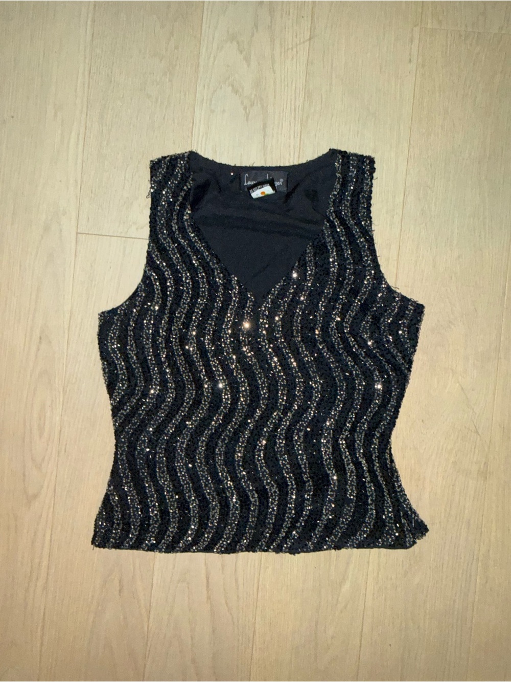 Laurence Kazar Black Sequin V-Neck Sleeveless Top